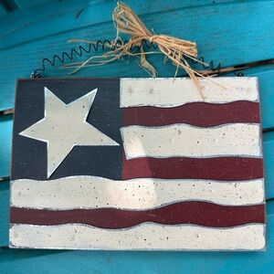 Vintage 90’s Rustic American Flag Wall Decor deep red cream and blue